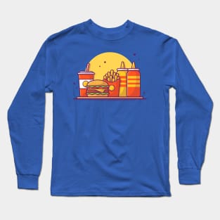 Burger, French fries And Soft Drink With Mustard And Sauce Cartoon Long Sleeve T-Shirt